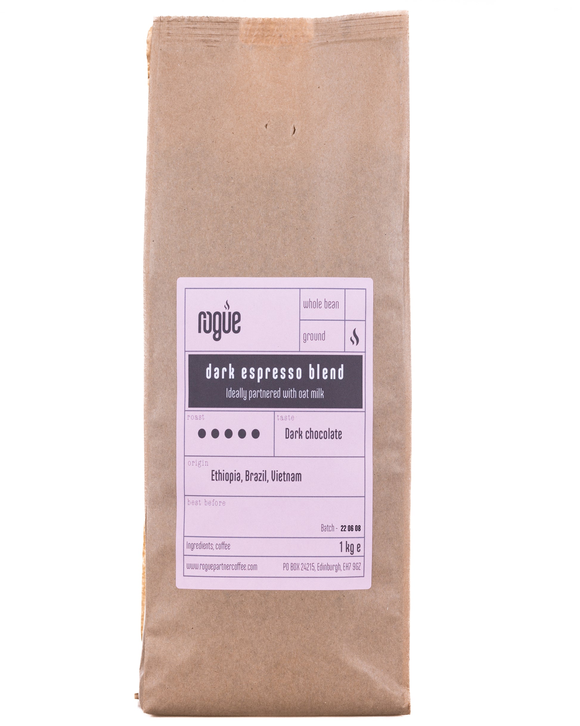 1kg craft bag of dark espresso blend roast ground coffee from Rogue Partner Coffee. Tasting notes are dark chocolate. The origins of the beans are Ethiopia, Brazil and Vietnam