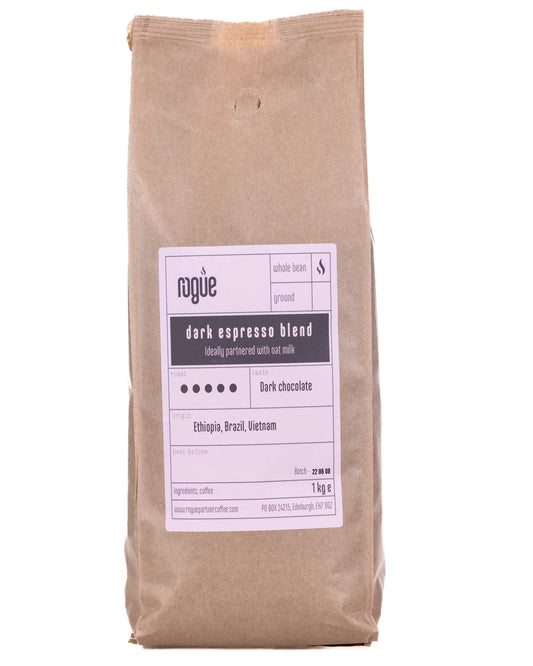 1kg craft bag of dark espresso blend roast whole bean coffee from Rogue Partner Coffee. Tasting notes are dark chocolate. The origins of the beans are Ethiopia, Brazil and Vietnam