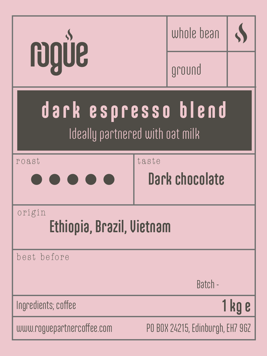 Dark roast coffee espresso blend | whole bean 1kg | ideally partnered with oat milk