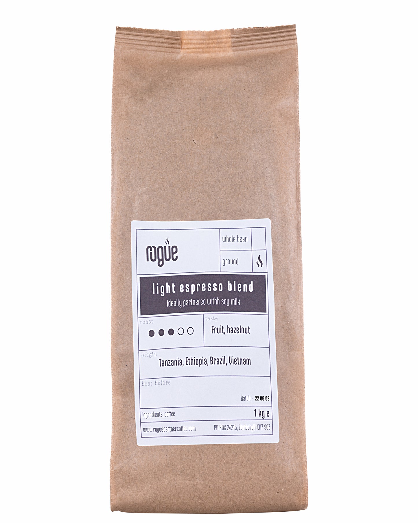 1kg kraft bag of light espresso blend roast ground coffee from Rogue Partner Coffee. Tasting notes are dark chocolate. The origins of the beans are Tanzania, Ethiopia, Brazil and Vietnam
