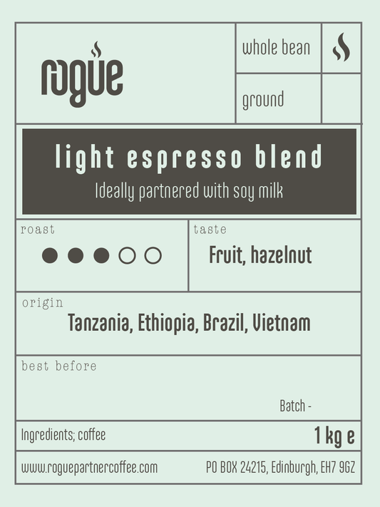 Light roast coffee espresso blend | whole bean 1kg | ideally partnered with soy milk