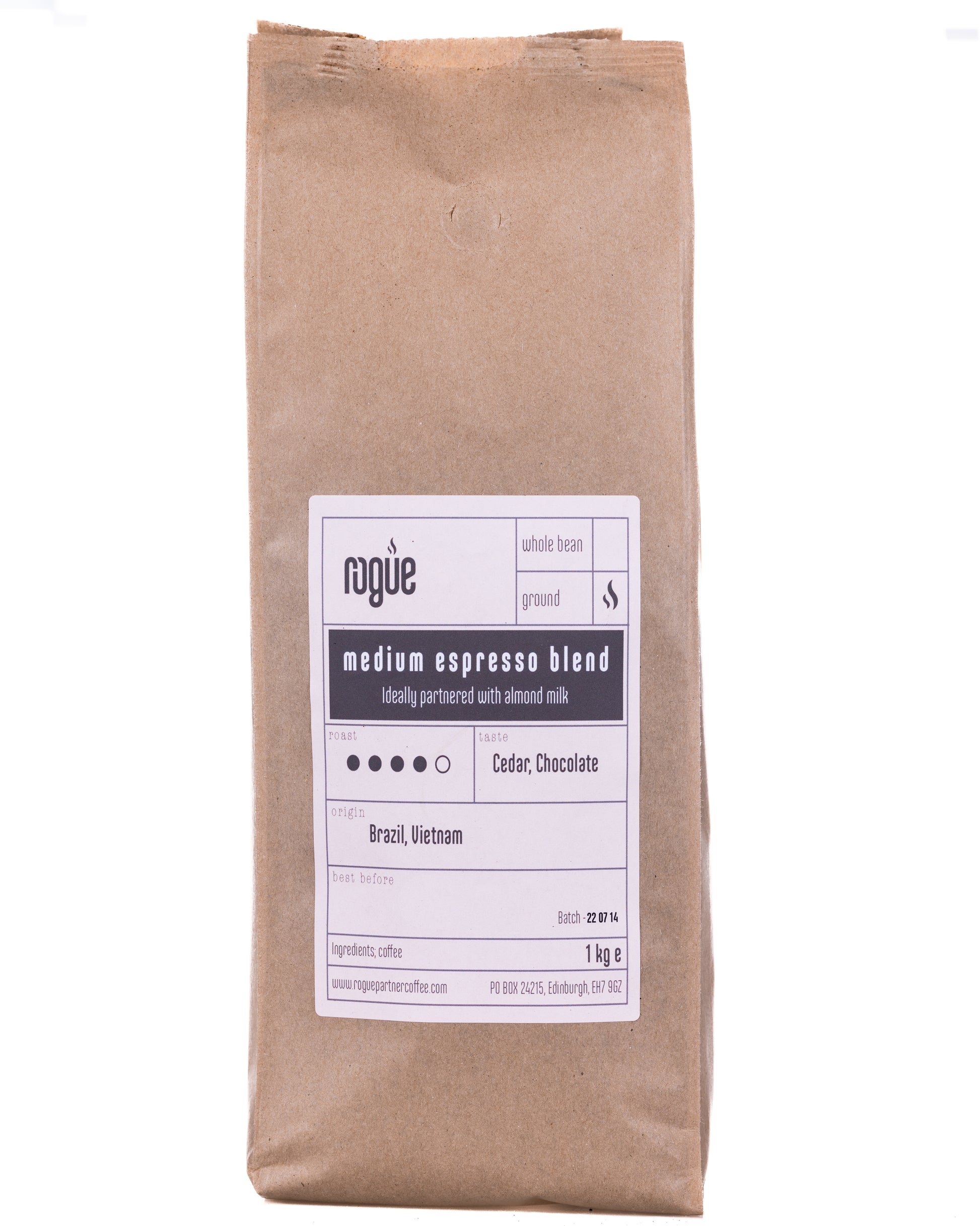 1kg kraft bag of medium espresso blend roast ground coffee from Rogue Partner Coffee. Tasting notes are dark chocolate. The origins of the beans are Brazil and Vietnam