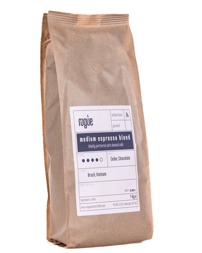 Medium roast coffee espresso blend | whole bean 1kg | ideally partnered with almond milk