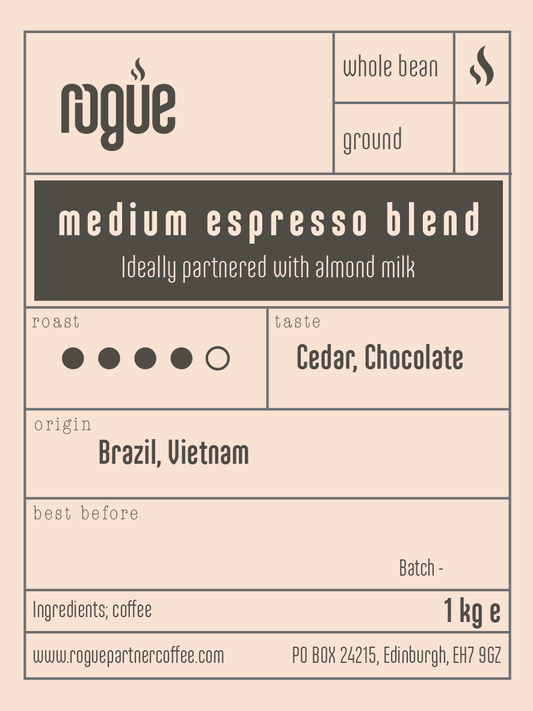 Medium roast coffee espresso blend | whole bean 1kg | ideally partnered with almond milk